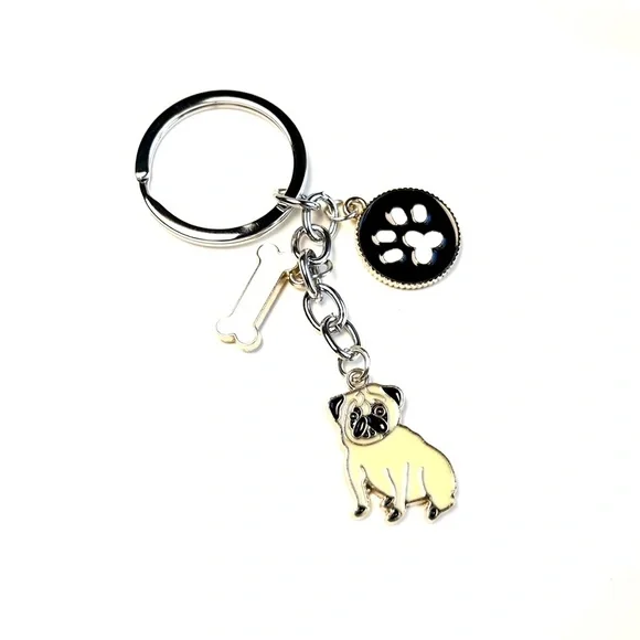 NEW Pug Dog Bag Charm/Keychain with Bone and Paw Charm - Picture 2 of 3